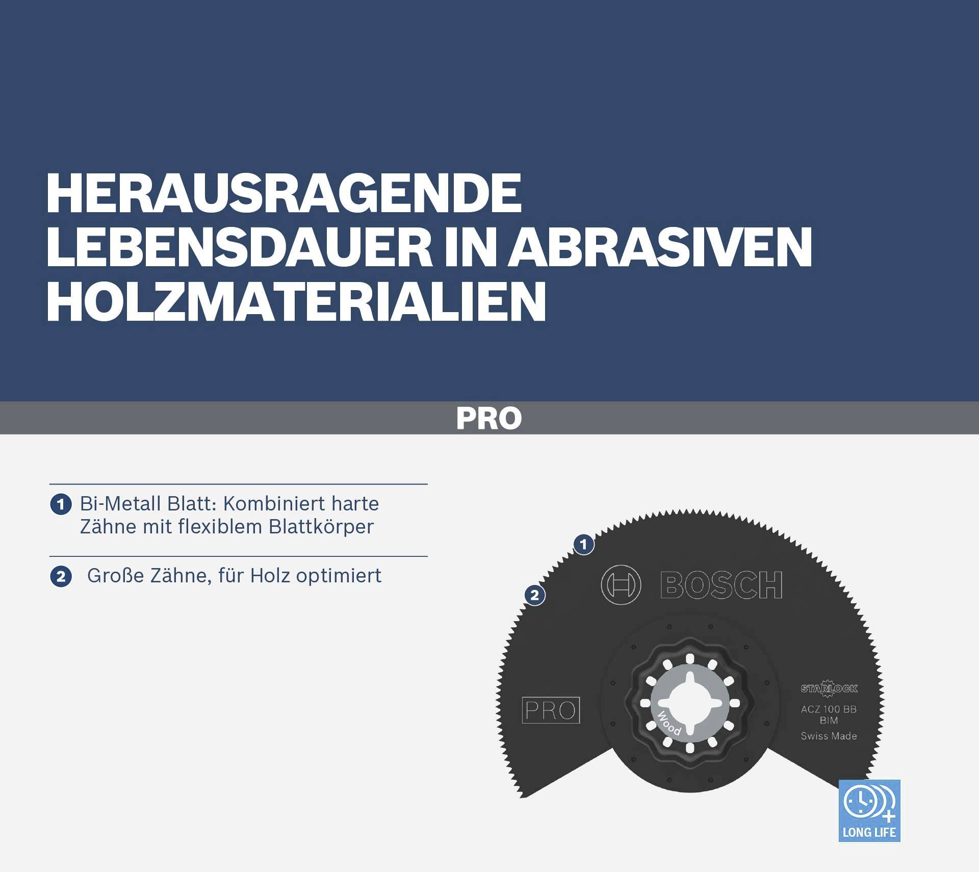 Kreissägeblatt mit Aufschrift 'Herausragende Lebensdauer in abrasiven Holzmaterialien'. Merkmale: Bi-Metall, große Zähne für Holz.