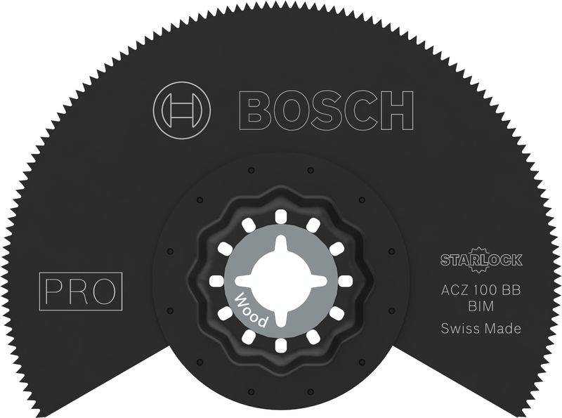 Schwarzes Sägeblatt der Marke Bosch mit der Beschriftung 'Wood'. Modell: ACZ 100 BB BIM. Schweizer Herstellung. Ideal für Holzarbeiten.