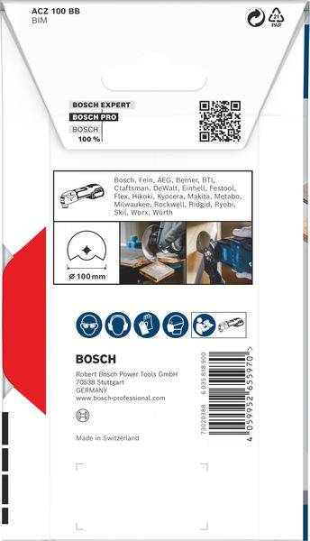 Verpackung eines Sägeblatts mit Markenlogo 'Bosch', Kompatibilitätshinweisen für verschiedene Werkzeugmarken und technischen Details.