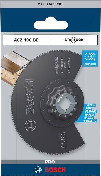 Kreissägeblatt von Bosch in Verpackung. Modell ACZ 100 BB, kompatibel mit Starlock-Systemen. Geeignet für Holz, lange Lebensdauer.