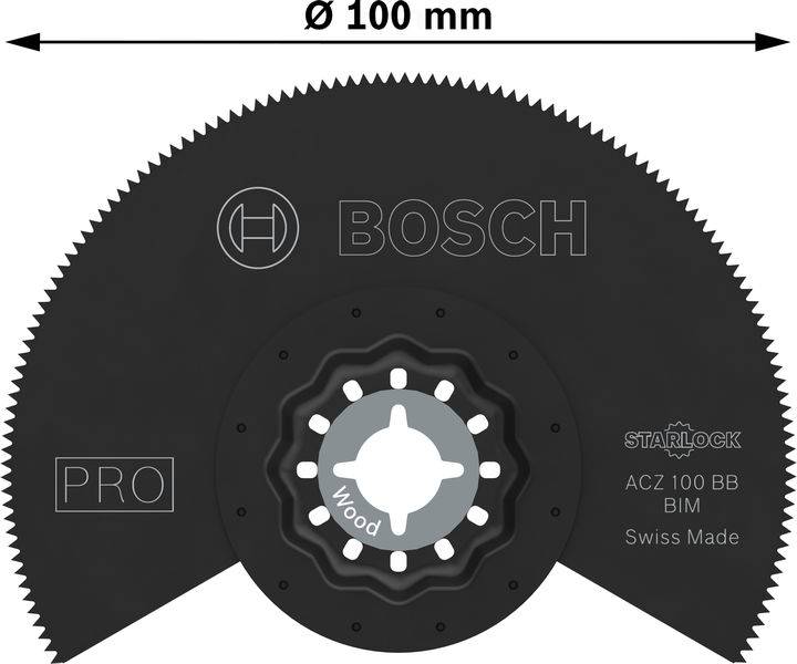 Kreissägeblatt von Bosch mit einem Durchmesser von 100 mm. Beschriftung: 'PRO', 'ACZ 100 BB', 'BIM', 'Swiss Made', geeignet für Holz.
