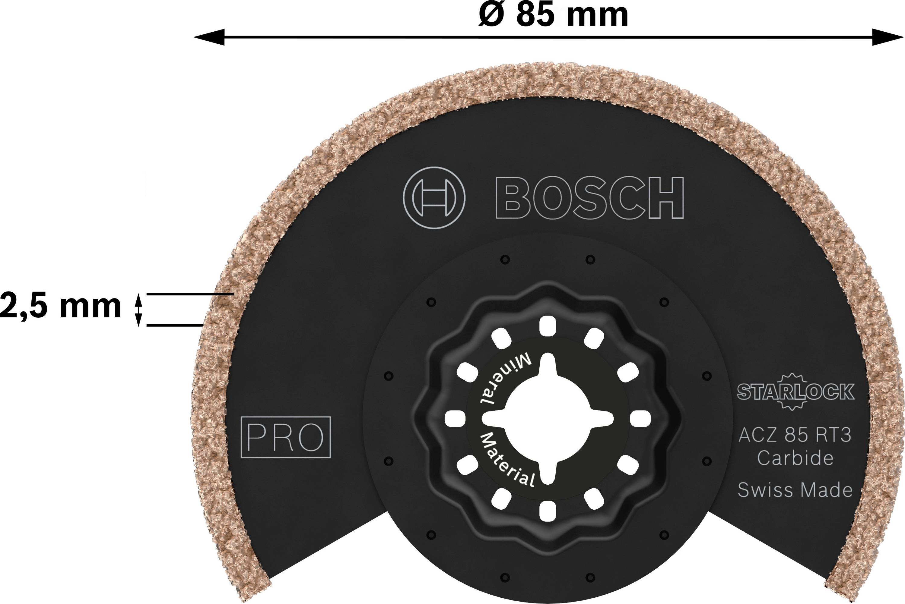 Schneidscheibe von Bosch mit 85 mm Durchmesser und 2,5 mm Dicke, geeignet für Materialtrennung, mit 'Starlock' und 'Pro' Markierungen.