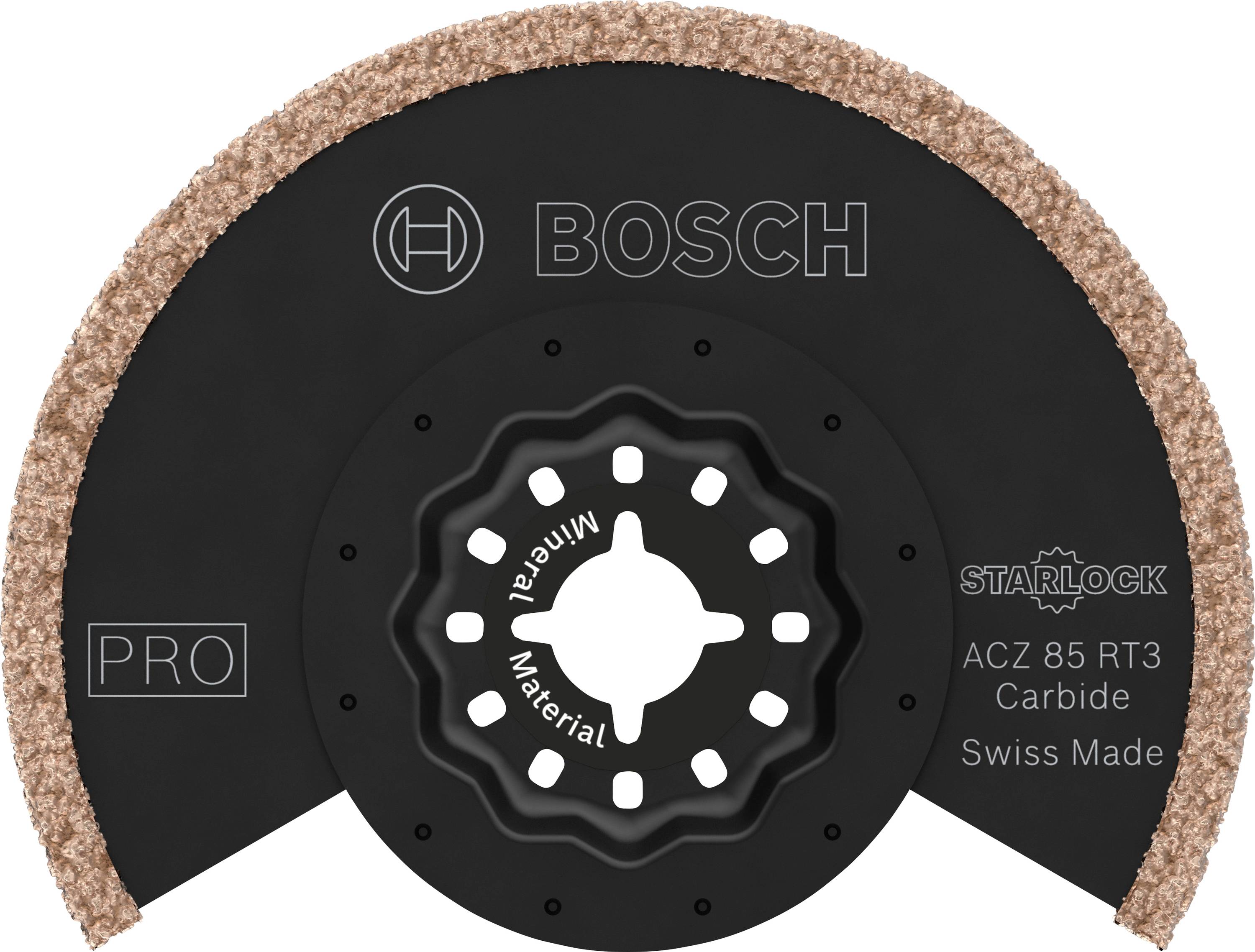 Ein oszillierendes Sägeblatt von Bosch mit Kanten aus Karbid, geeignet für die Bearbeitung von Materialien wie Mineralien.