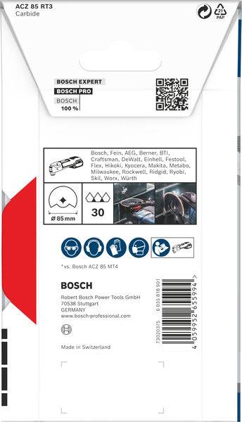 'Bosch Expert' Werkzeugverpackung mit technischen Details: Ø 85 mm, 30 Zähne, kompatible Marken, QR-Code und Kontaktinformationen.