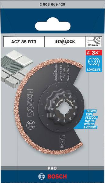 Verpackung einer Bosch Sägeblatt für Multitools, Modell ACZ 85 RT3, geeignet für Materialien wie Mörtel und Fliesen.