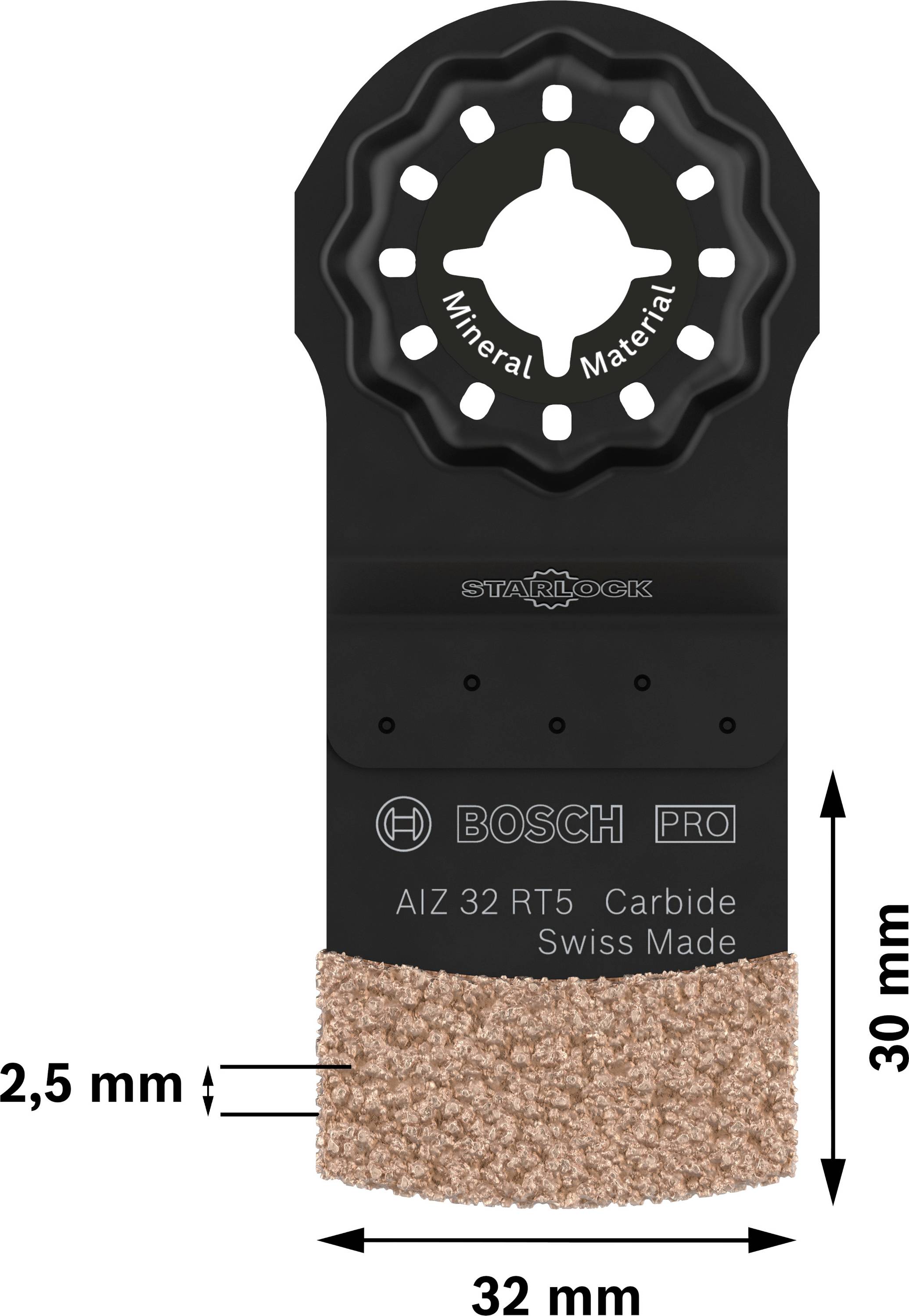 Sägeblatt von Bosch für Multifunktionswerkzeuge, 32 mm breit, 30 mm lang, 2,5 mm Schnittstärke, geeignet für Mineralmaterialien.