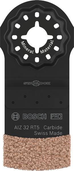 Bosch Starlock Sägeblatt, geeignet für Mineral- und Materialbearbeitung. Aufschrift: 'AIZ 32 RT5 Carbide Swiss Made'.