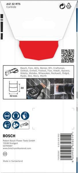 Verpackung eines Bosch Sägeblatts, Modell AIZ 32 RT5. Zeigt Produktdetails, Anwendungsbild, QR-Code und Herstellerinformationen. Made in Switzerland.
