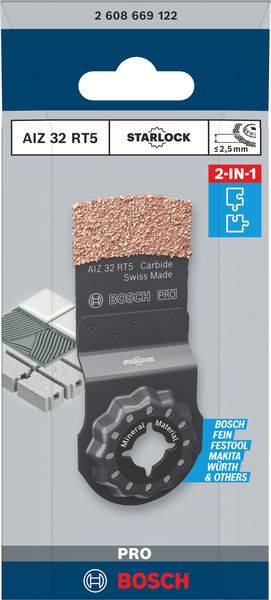 Verpackung einer Bosch Starlock-AIZ 32 RT5-Carbid-Sägeklinge. Eignet sich für Fliesenfugen und mehr. Größe: 32 mm, 2-in-1 Funktion.