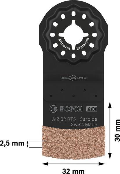 'Bosch Pro AIZ 32 RT5' Sägeblatt, 32 mm breit, 30 mm hoch, 2,5 mm dick, geeignet für Mineralmaterialien, Starlock-Aufnahme.