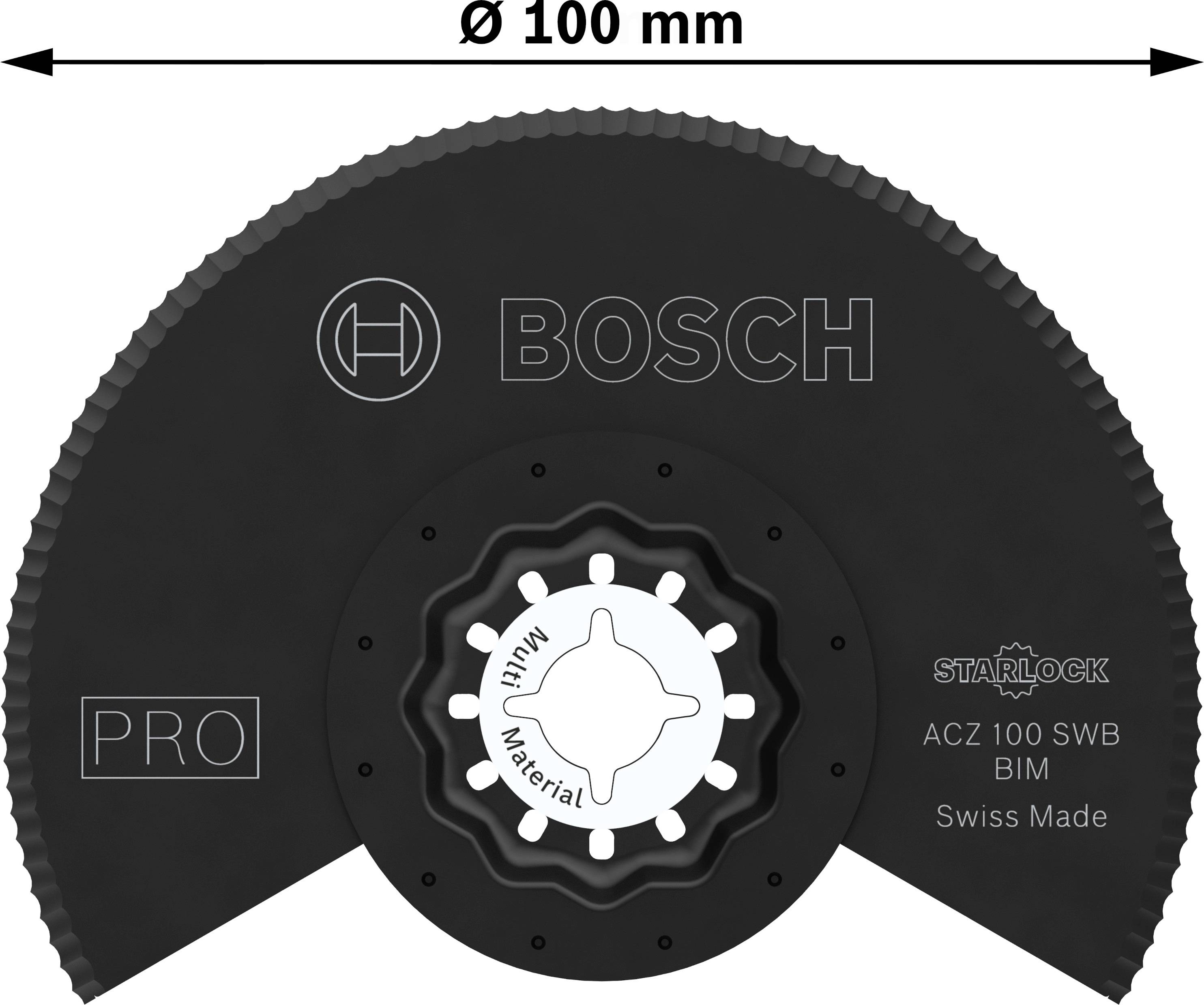 Rundes Bosch-Sägeblatt, Ø 100 mm, Markenlogos und Spezifikationen wie 'Starlock', 'BIM', 'Swiss Made' aufgedruckt.