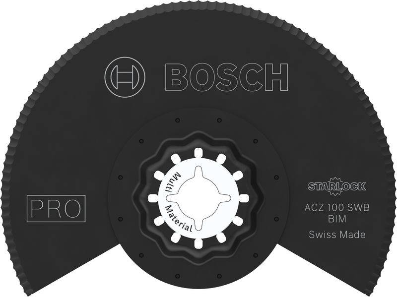 Ein rundes, schwarzes Bosch-Sägeblatt für Multifunktionswerkzeuge, Modell ACZ 100 SWB Starlock, mit 'Swiss Made' Aufschrift.