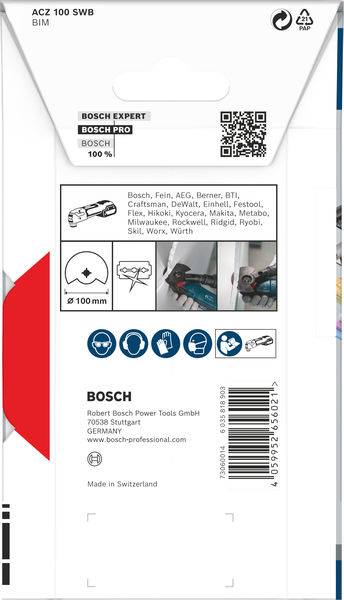 Verpackung einer Bosch Expert ACZ 100 SWB Sägeklinge. Kompatibel mit verschiedenen Marken. Made in Switzerland.