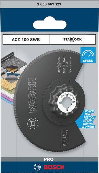 'Bosch Pro Starlock Sägeblatt ACZ 100 SWB' zur Bearbeitung von Holz und Metall. Verpackung zeigt Sägeblatt und Materialbeispiele.