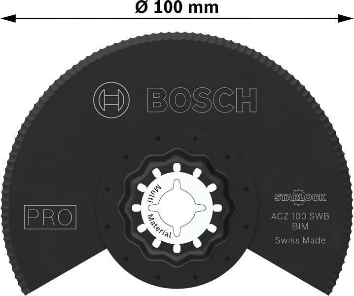 Schwarzes Bosch Sägeblatt mit 100 mm Durchmesser, für Starlock-System. Aufschrift 'Swiss Made', geeignet für verschiedene Materialien.