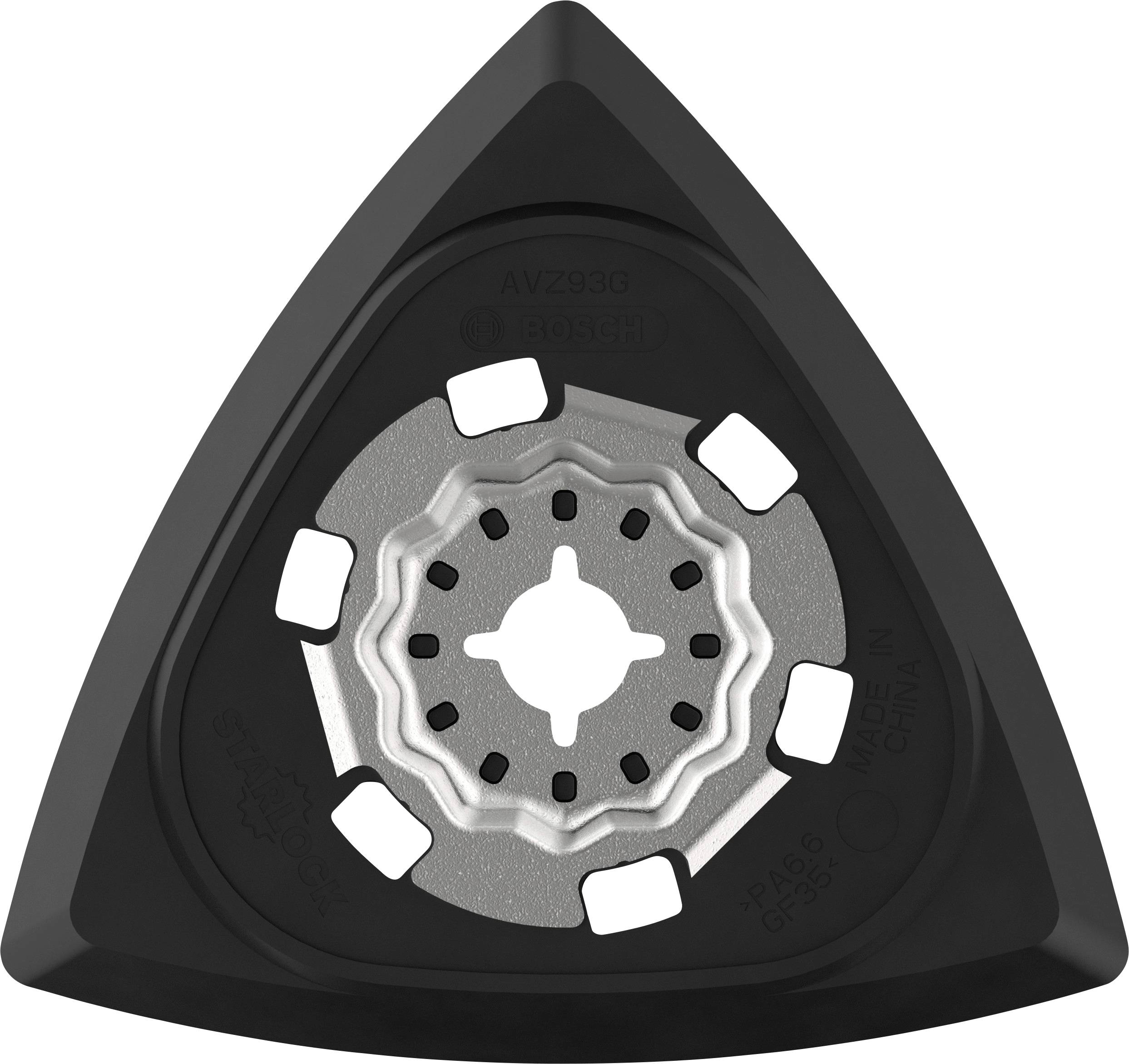 Ein dreieckiger Schleifteller für ein Multifunktionswerkzeug mit schwarzem Kunststoffrahmen und metallischer Befestigung in der Mitte.