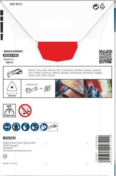 'Bosch Expert AVZ 93 G', Verpackung eines Schleifwerkzeugs. Zeigt Verwendungszwecke, Kompatibilität mit Marken, Produktbilder und Firmeninformationen.