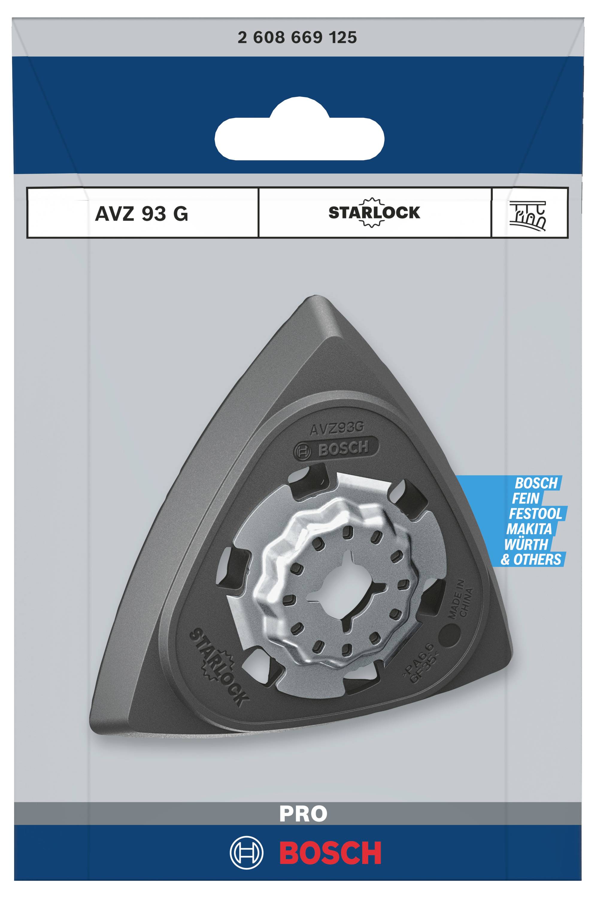 Dreieckiges Bosch Starlock AVZ 93 G Schleifblatt mit Aufnahmeführung in einer Verpackung.