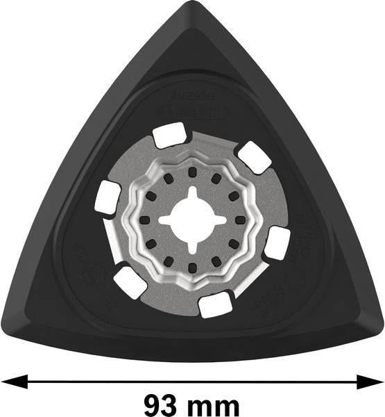 Dreieckige Schleifplatte mit schwarzem Rand und Metallzentrum. Aufschrift '93 mm' darunter deutet auf die Größe hin.