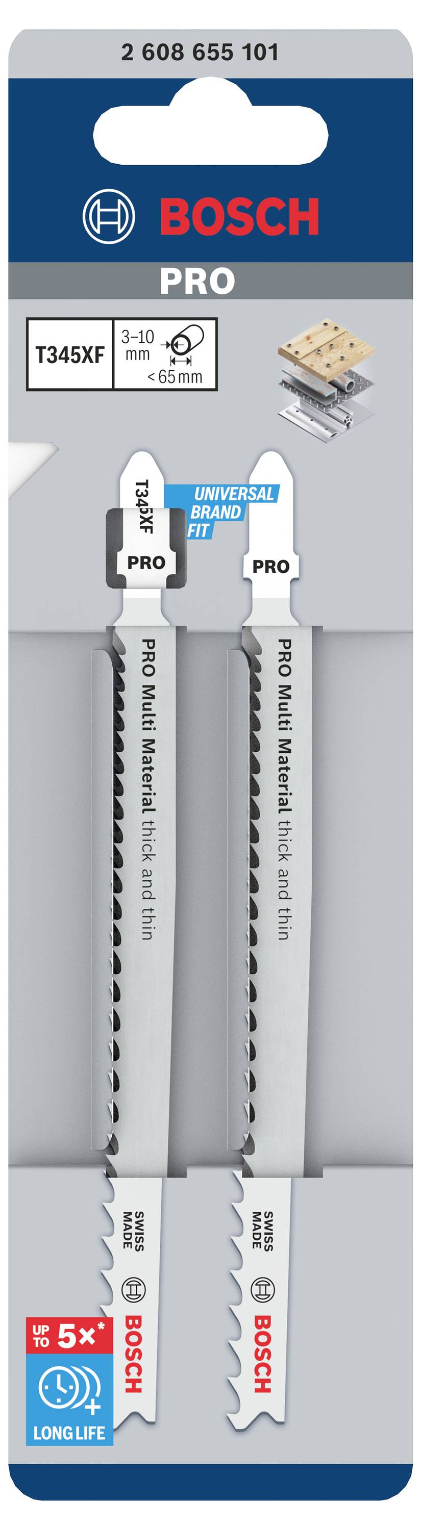 Bosch Accessories 2608655101 PRO Multi Material thick and thin T345XF Stichsägeblatt, 132 mm, 2-tlg. 2St.