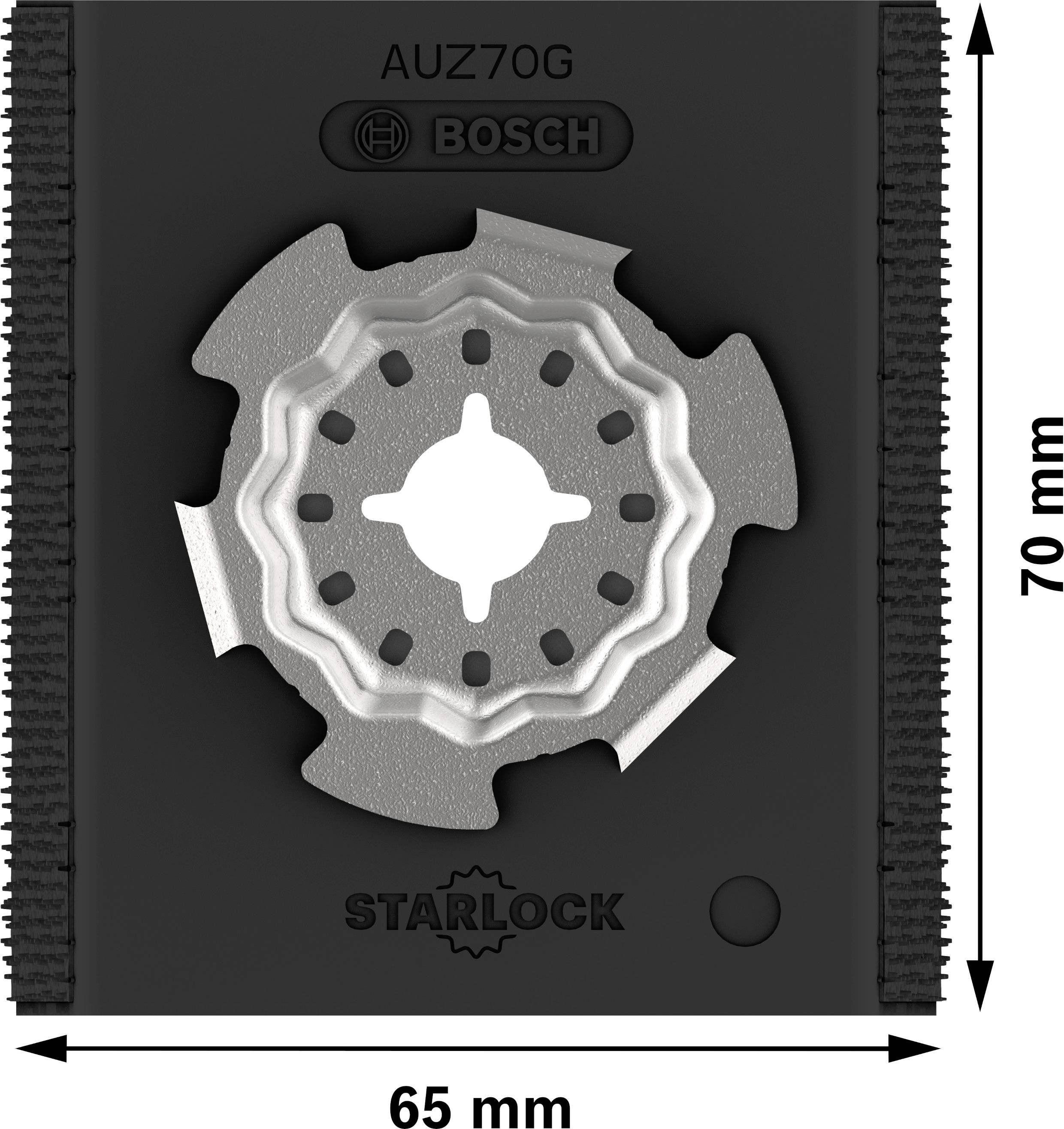 Schwarz-silberne Sägeblattaufsatz mit Sternform von 65 mm Breite und 70 mm Höhe, Markenname Bosch und Starlock sichtbar.