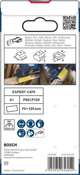 Das Bild zeigt eine Verpackung für Schleifpapier. Enthält 4 Stück, Körnung P80 und P120, Größe 70 x 125 mm. Abgebildet sind Anwendungen.