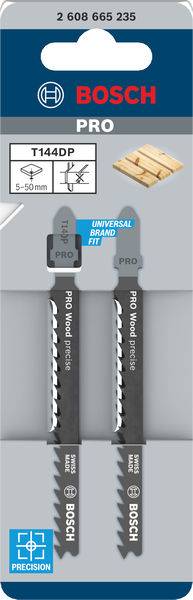 Verpackung von Bosch PRO Stichsägeblättern, geeignet für Holz, enthält zwei Blätter für Schnitte von 5-50 mm, Universal-Aufnahme.