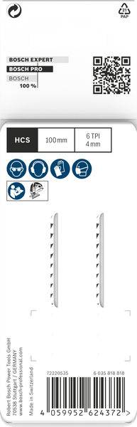 Verpackung für Bosch Expert Stichsägeblätter. Enthält Symbole für Holz, 100 mm Länge, 6 TPI Zahnteilung. QR-Code oben.
