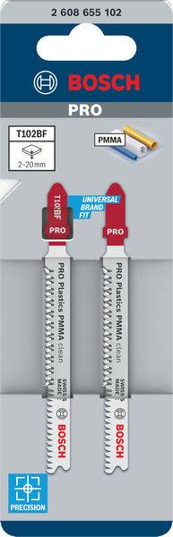 Bosch Accessories 2608655102 PRO Plastics PMMA clean T102BF Stichsägeblatt, 92 mm, 2-tlg. 2 St.