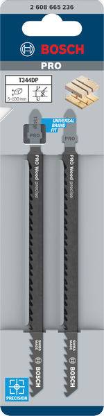 Verpackung mit zwei Bosch Pro Stichsägeblättern T344DP, geeignet für Holz. Oben ist ein Bild, das die Anwendung beim Holzschnitt zeigt.