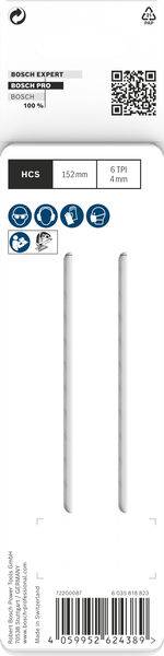 Verpackung eines Bosch Expert Stichsägeblatts, geeignet für Holz, Länge 152 mm, 6 TPI Zahnteilung, zwei Blätter enthalten.