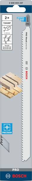 Sägeblattpackung von Bosch für Holz, Modell 'PRO', zwei Stück, geeignet für gerade Schnitte, mit Produktabbildung und Anwendungshinweisen.