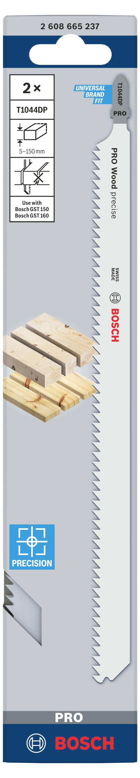 'Bosch Pro' Sägeblatt für Holz; Typ T144DP; 2 Stück. Geeignet für präzises, gerades Schneiden. Verpackungsillustration zeigt Anwendung.