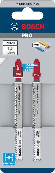 Zwei Sägeblätter in Verpackung mit Aufschrift 'Bosch PRO', geeignet für PVC, Universal Fit, Präzision.