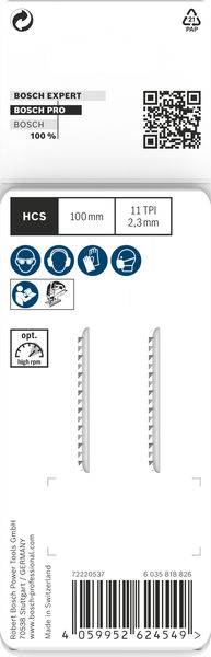Verpackungsetikett eines Bosch Expert-Sägeblatts: HCS, 100 mm Länge, 11 TPI, 2,3 mm Breite, mit Piktogrammen für Kompatibilität.