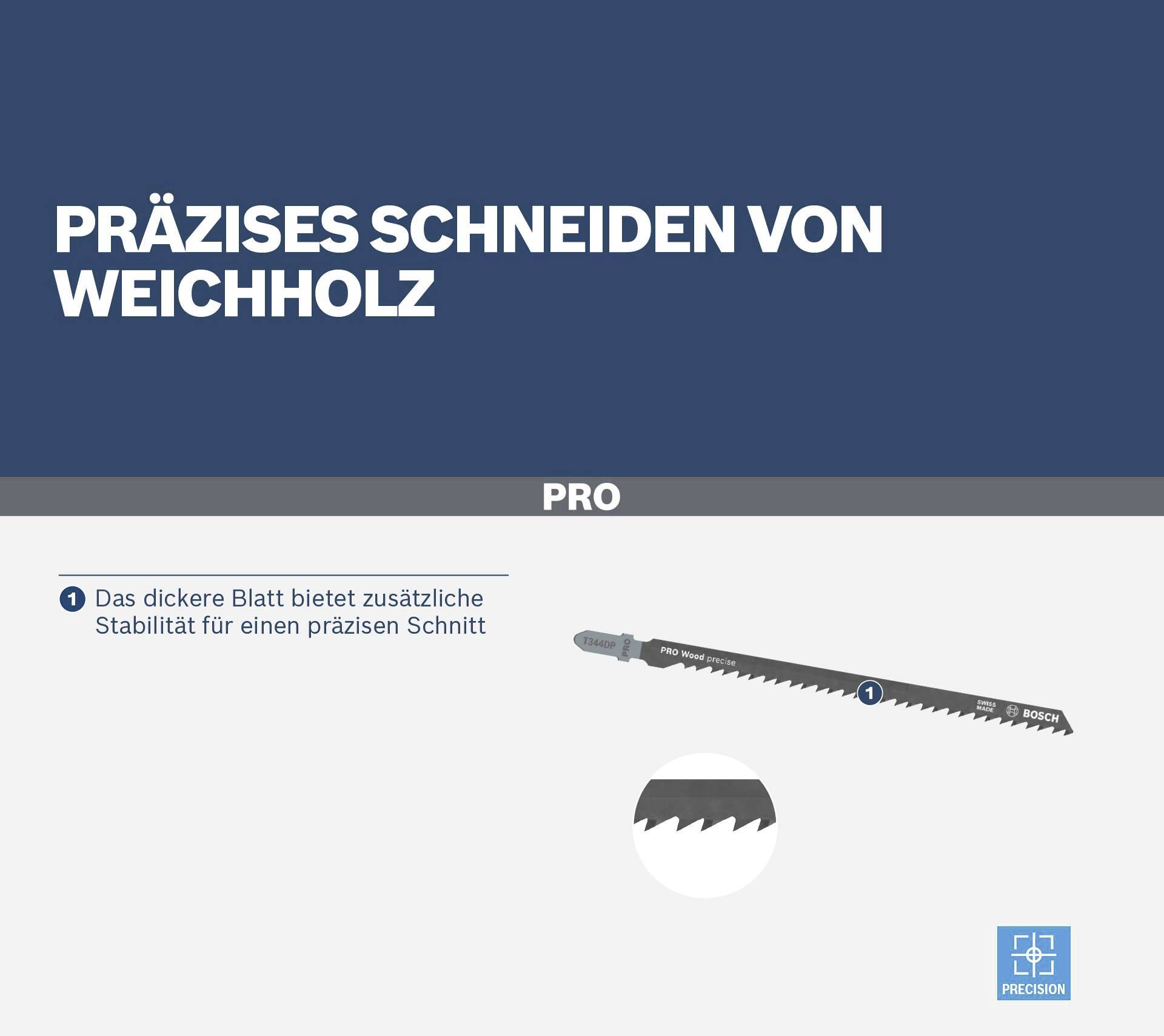 Das Bild zeigt eine Präzisions-Sägeklinge mit der Beschreibung 'Präzises Schneiden von Weichholz' und einem Hinweis zur Stabilität.