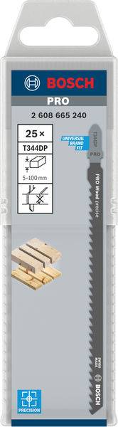 Verpackung für Bosch PRO Stichsägeblätter, 25 Stück, Modell T344DP, geeignet für Holz, Sägelängen-Label 100 mm, Präzisionsschnitt.
