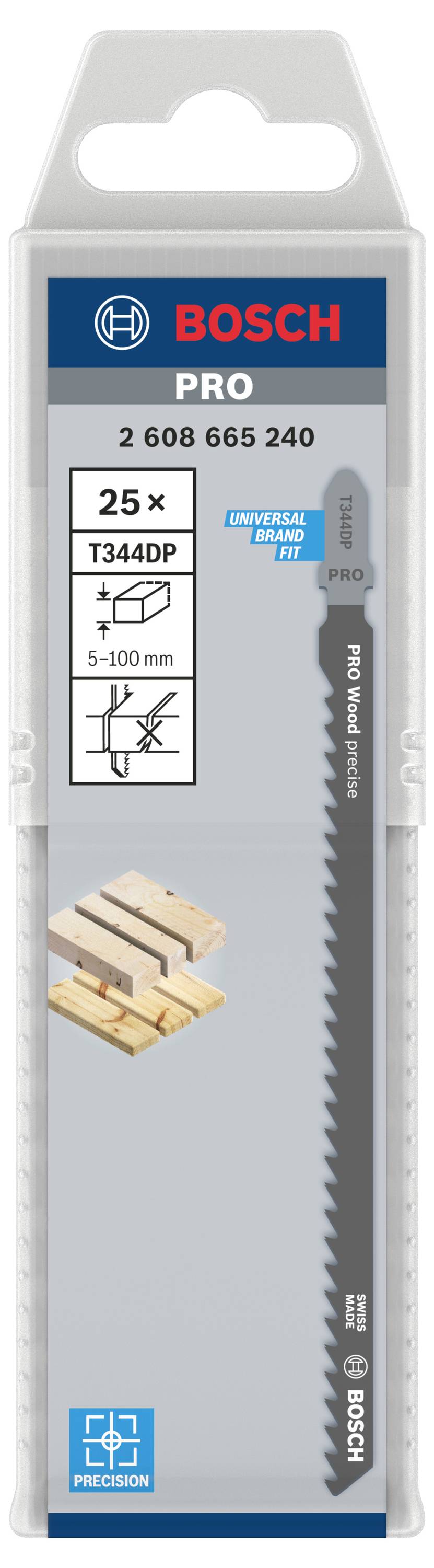 Verpackung von Bosch PRO Stichsägeblättern, Modell T344DP, für Holzschnitt 5-100 mm, 25 Stück. Verpackung zeigt Bild des Sägeblatts und Anwendungsbeispiel.