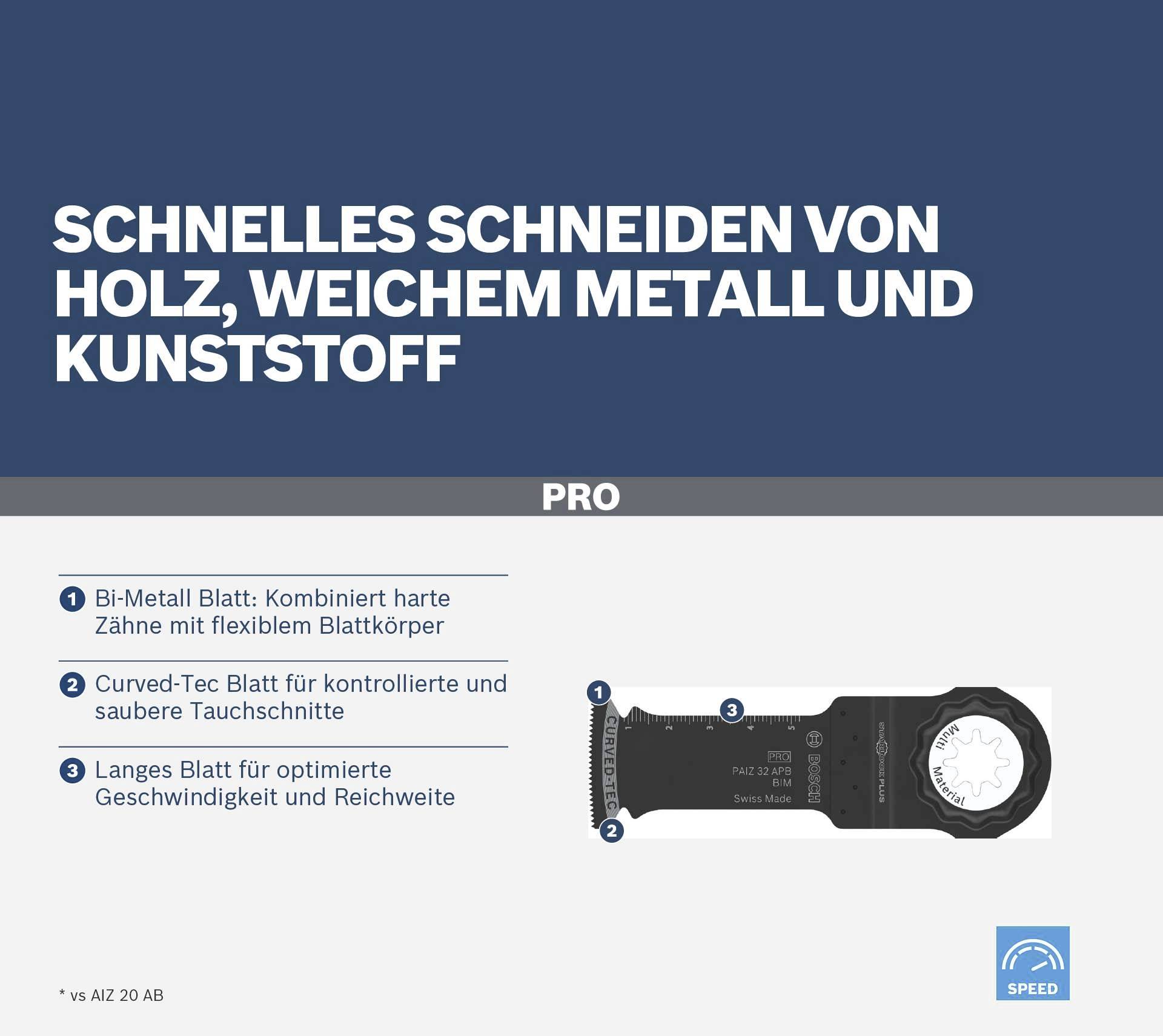 'Schnelles Schneiden von Holz, weichem Metall und Kunststoff. Bi-Metall Blatt mit flexiblem Blattkörper. Curved-Tec für saubere Schnitte.’