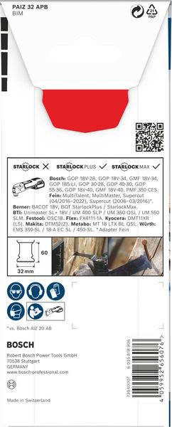 'Bosch Starlock Plus Sägeblatt PAIZ 32 APB Stammholz.' Abmessungen: Länge 60 mm, Breite 32 mm. Anwendung: Metall und Holz.