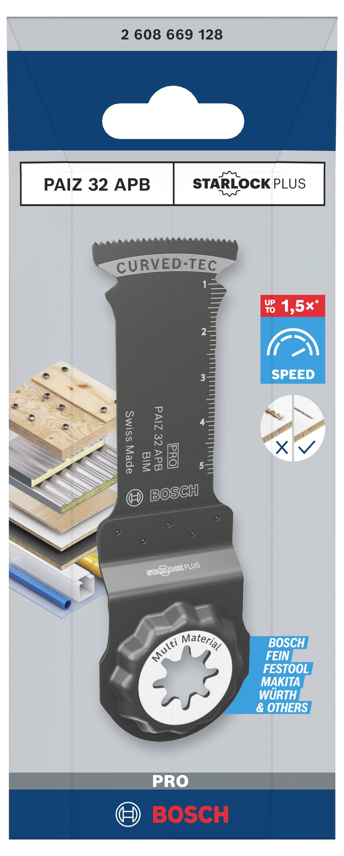 Sägeblatt Bosch PAIZ 32 APB Starlock Plus. Geeignet für Holz und Metall. Hervorgehobene Geschwindigkeitserhöhung um 1,5x.