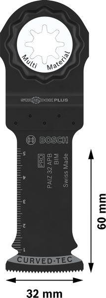 Ein schwarzes Multifunktionswerkzeug-Aufsatz von Bosch mit 'Multi Material', Längen- und Breitenangabe: 60 mm hoch, 32 mm breit.