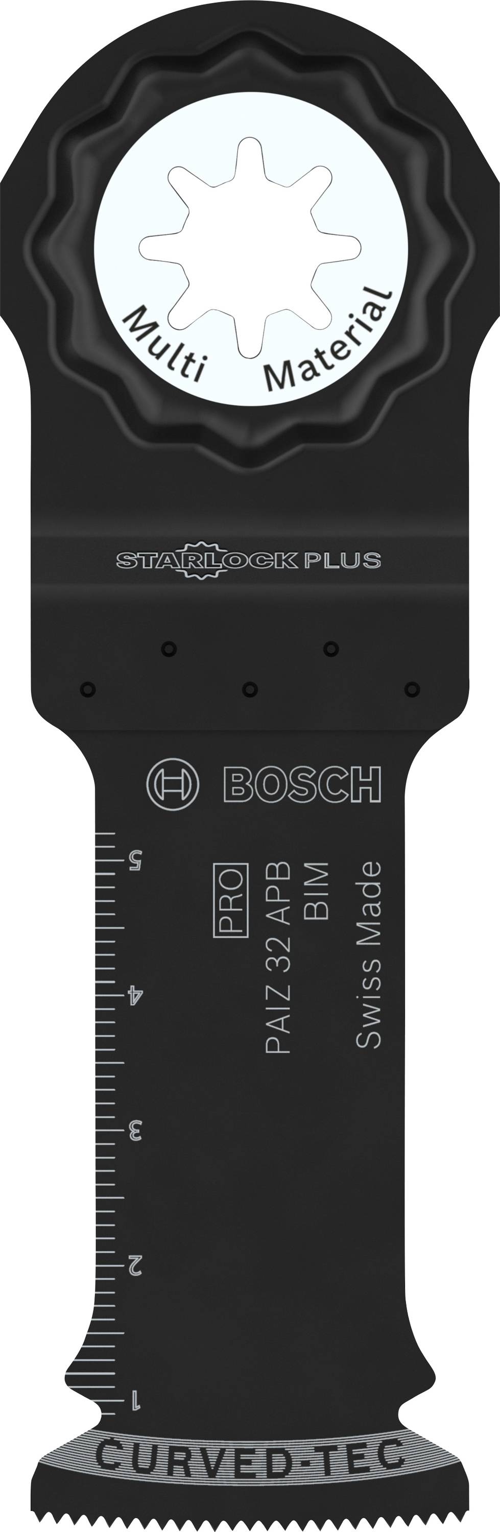 Bosch Starlock Plus Sägeblatt für Multi-Materialien, schwarz, mit gezahnter Kante und Messskala auf der Vorderseite.