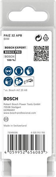 Ein Bosch-Produktetikett mit QR-Code, Barcode und Text: 'PAIZ 32 APB BIM', 'BOSCH EXPERT', '100%', hergestellt in der Schweiz.