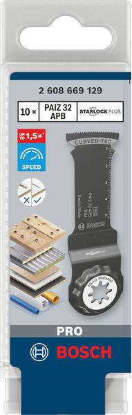 Verpackung eines Bosch Pro Sägeblatts. Geeignet für Holz und Metall. Markiert mit 'Starlock Plus' und 'Curved Tech' Symbolen.