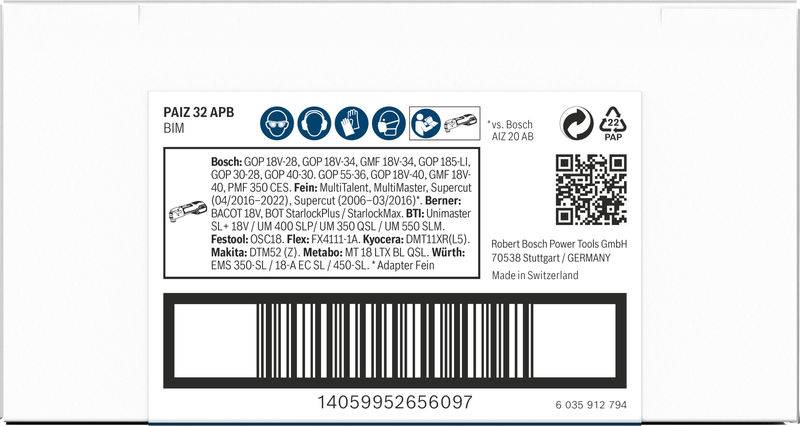 Etikett einer Verpackung mit Produktinformationen zu einem Bosch-Ersatzteil. Enthält Symbole, QR-Code und Barcode.