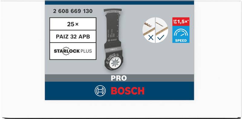 Verpackung eines Bosch PRO Starlock Plus PAIZ 32 APB Sägeblatts. Zeigt zweiseitiges Sägeblatt, geeignet für Holz und Metall.