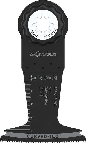 'Bosch' Starlock Plus Sägeblatt für Multimaterial-Anwendungen, mit Maßskala und Aufdruck 'CURVED-TEC'. Swiss Made.
