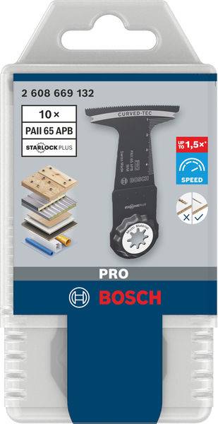 Verpackung eines Bosch PRO PAII 65 APB Starlock Plus Sägeblatts. Zeigt das Blatt und verschiedene Materialien, die geschnitten werden können.