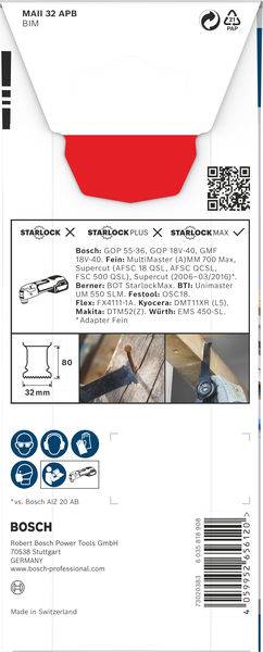 Verpackung für Bosch MAII 32 APB Sägeteil. Zeigt Konnektivitätsoptionen: STARLOCK, STARLOCK PLUS, STARLOCK MAX. Hauptmerkmale und Abmessungen: 80 x 32 mm. Verwendung: Eintauch-, Taschen- und Randtrennen von Holz und Metall.